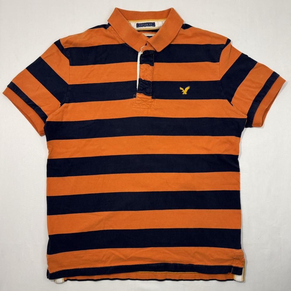 American Eagle Striped Polo Shirt Mens L Orange Blue Logo Pique Short Sleeve
